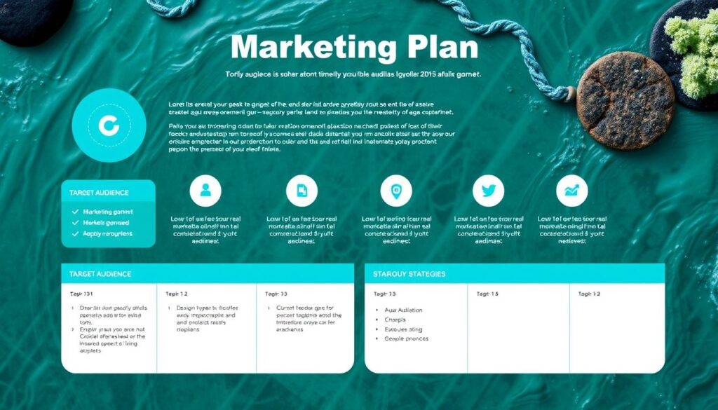 Generate an image of a marketing plan using the Canva Aqua Marketing Plan template.
