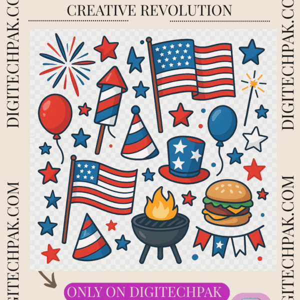 4th of July patriotic PNG clipart bundle with fireworks, flags, BBQ, and red-white-blue graphics