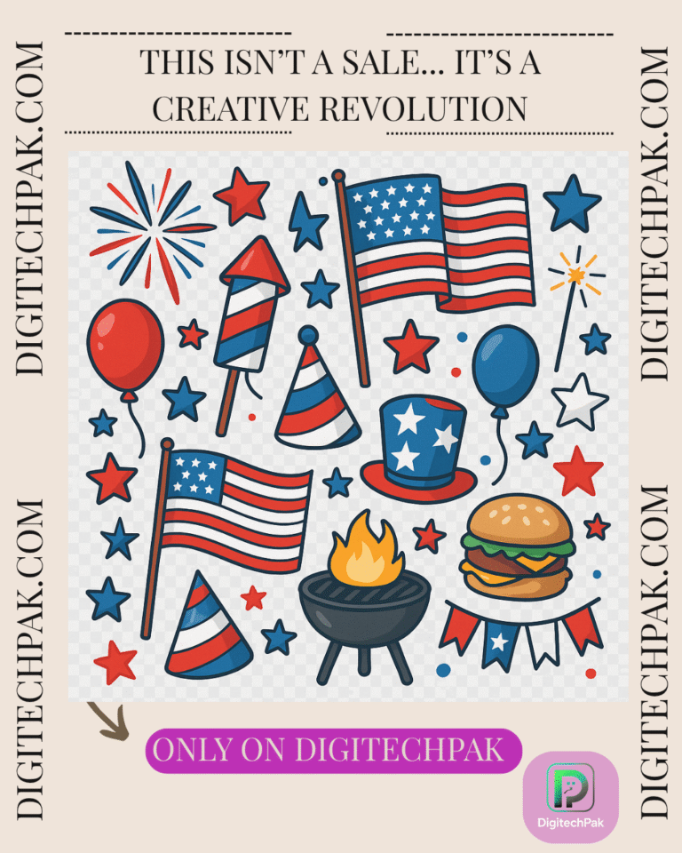 4th of July patriotic PNG clipart bundle with fireworks, flags, BBQ, and red-white-blue graphics