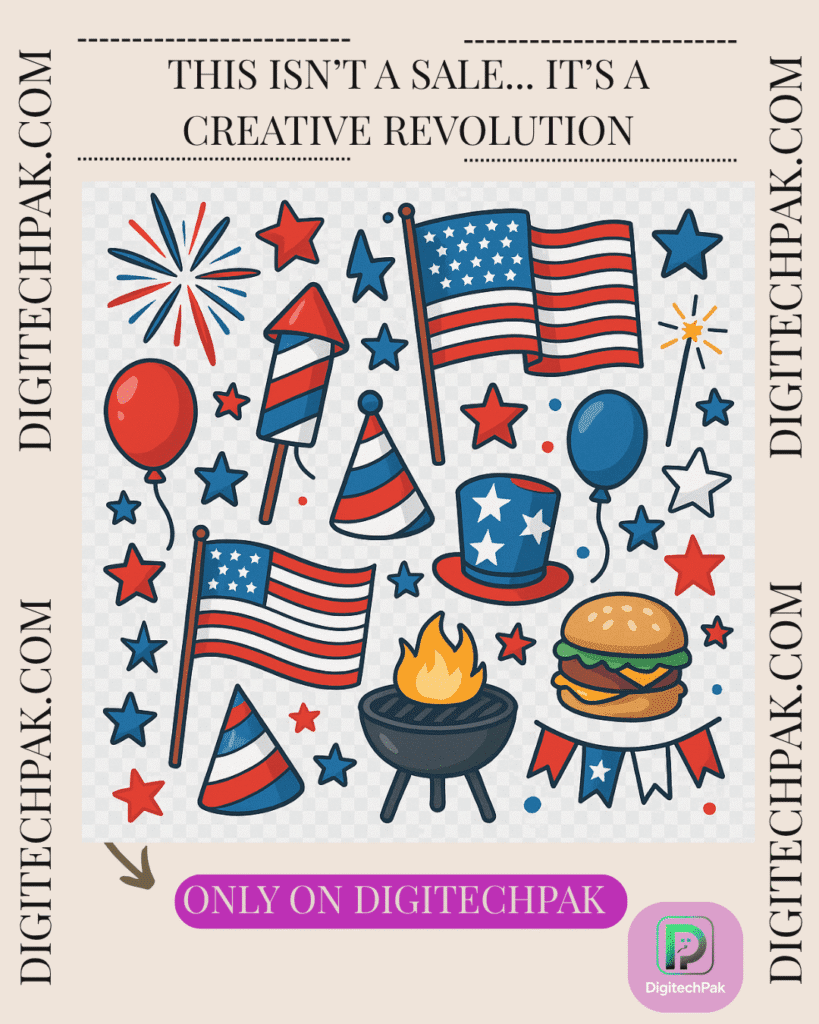 4th of July patriotic PNG clipart bundle with fireworks, flags, BBQ, and red-white-blue graphics