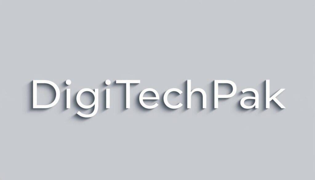 Branding typography examples in a modern, minimalist style. Elegant, well-balanced display text in the brand name "DigiTechPak" is the focal point, showcased on a clean, muted background. Subtle lighting accentuates the crisp, geometric letterforms. The composition features a mix of typographic elements - clean sans-serif, geometric shapes, and subtle visual hierarchy - all harmoniously combined to create a sophisticated, high-tech aesthetic. The overall mood is one of simplicity, professionalism, and technological innovation.