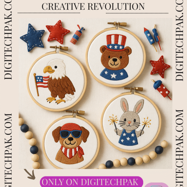 Cute patriotic animals embroidery bundle with red white blue stitched animals, perfect for holiday crafts