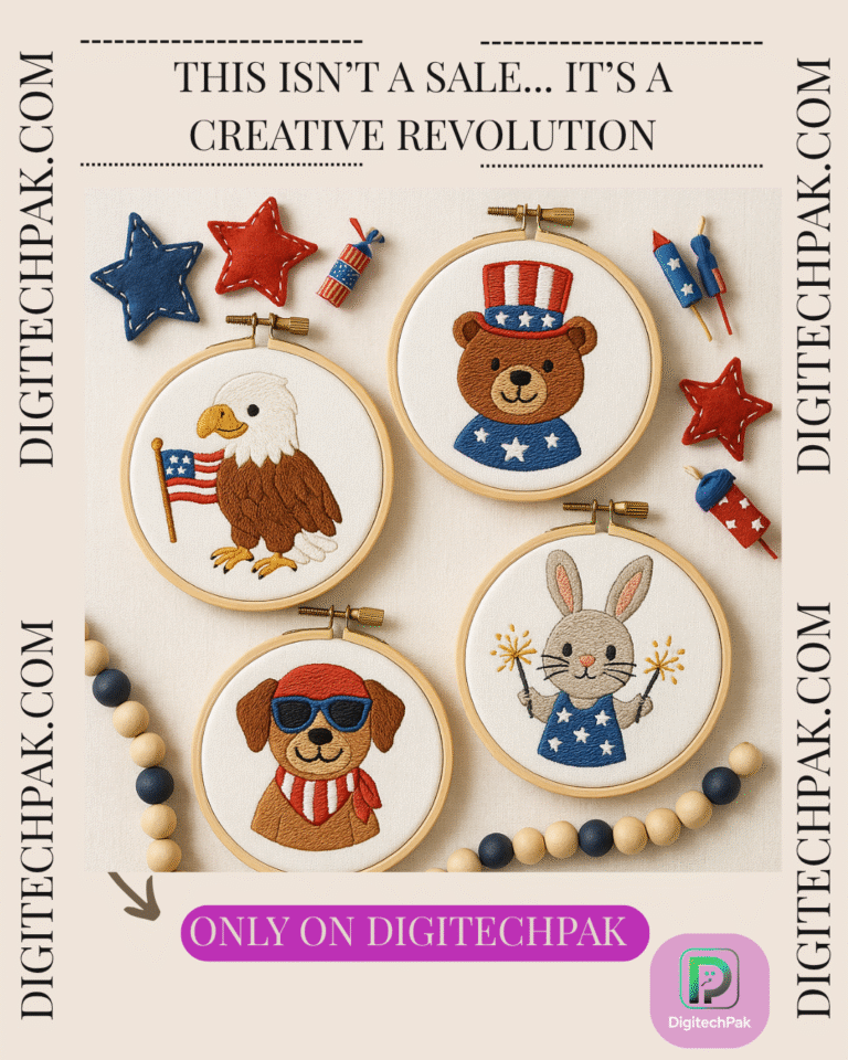 Cute patriotic animals embroidery bundle with red white blue stitched animals, perfect for holiday crafts