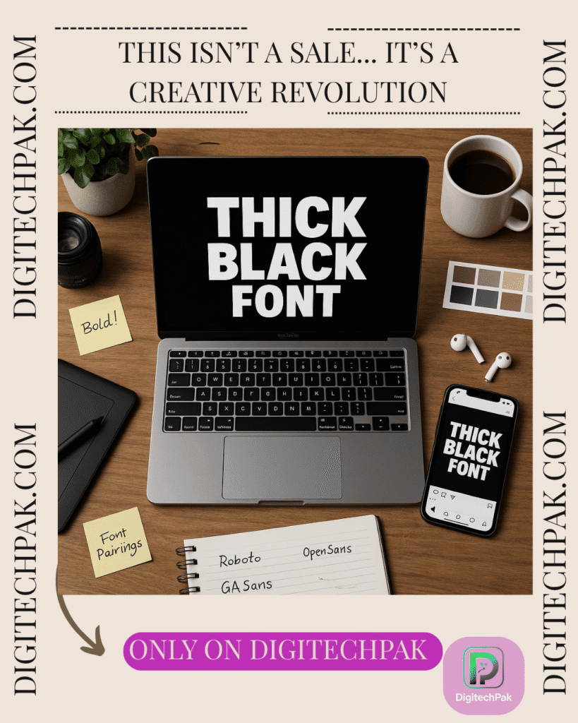 Bold text design featuring Thick Black Font on a clean white background – ideal for headlines and branding.
