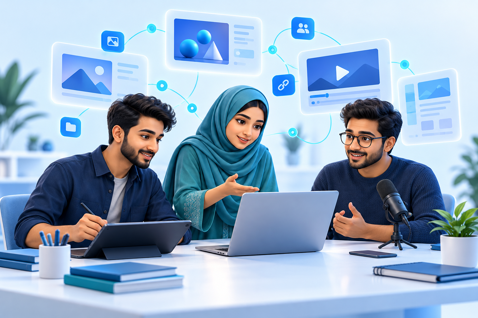Illustration of digital creators collaborating on product preparation