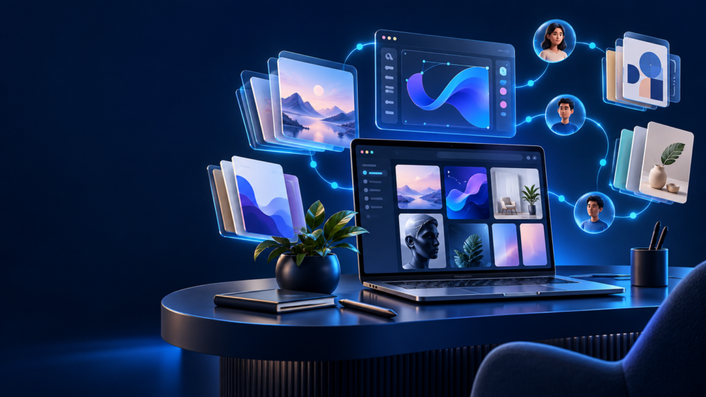 Illustration of a digital creator workspace with connected product templates