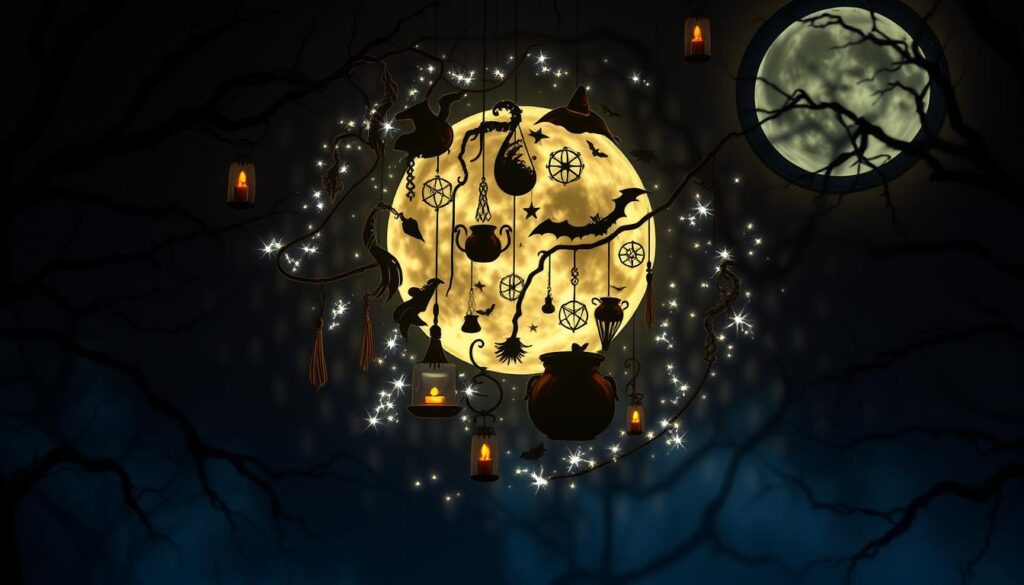 A dark, mystical projection of enchanting witch decorations for DigiTechPak's Halloween collection. A swirling vortex of witchcraft iconography - gnarled broomsticks, bubbling cauldrons, bats, and glowing sigils - suspended in an eerie, moonlit atmosphere. Flickering candlelight illuminates intricate details, while shimmering magical energy crackles through the air. Shadows cast by twisted tree branches loom in the background, creating an ominous, foreboding scene. This immersive, otherworldly display showcases the haunting beauty and powerful allure of DigiTechPak's witch-themed digital downloads.