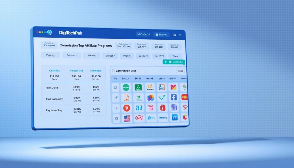 A detailed illustration of commission structures for top affiliate programs in Pakistan, showcased in a clean, modern style. In the foreground, a DigiTechPak branded dashboard displays commission tiers, payout percentages, and referral metrics. The middle ground features a grid of various product icons, representing the diverse offerings of the affiliate programs. The background is a subtle, gradient-based pattern in shades of blue and green, conveying a sense of professionalism and technology. Lighting is soft and indirect, creating depth and highlighting the key elements. The overall mood is one of informative clarity, suitable for an article on the top affiliate programs in Pakistan.
