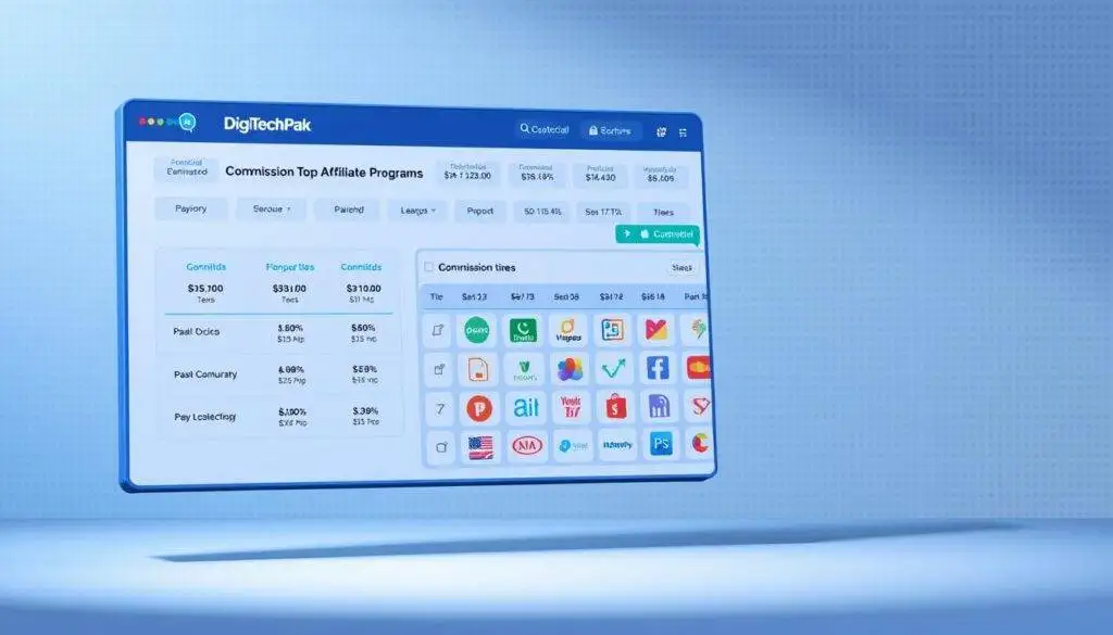 A detailed illustration of commission structures for top affiliate programs in Pakistan, showcased in a clean, modern style. In the foreground, a DigiTechPak branded dashboard displays commission tiers, payout percentages, and referral metrics. The middle ground features a grid of various product icons, representing the diverse offerings of the affiliate programs. The background is a subtle, gradient-based pattern in shades of blue and green, conveying a sense of professionalism and technology. Lighting is soft and indirect, creating depth and highlighting the key elements. The overall mood is one of informative clarity, suitable for an article on the top affiliate programs in Pakistan. A detailed illustration of commission structures for top affiliate programs in Pakistan, showcased in a clean, modern style. In the foreground, a DigiTechPak branded dashboard displays commission tiers, payout percentages, and referral metrics. The middle ground features a grid of various product icons, representing the diverse offerings of the affiliate programs. The background is a subtle, gradient-based pattern in shades of blue and green, conveying a sense of professionalism and technology. Lighting is soft and indirect, creating depth and highlighting the key elements. The overall mood is one of informative clarity, suitable for an article on the top affiliate programs in Pakistan.