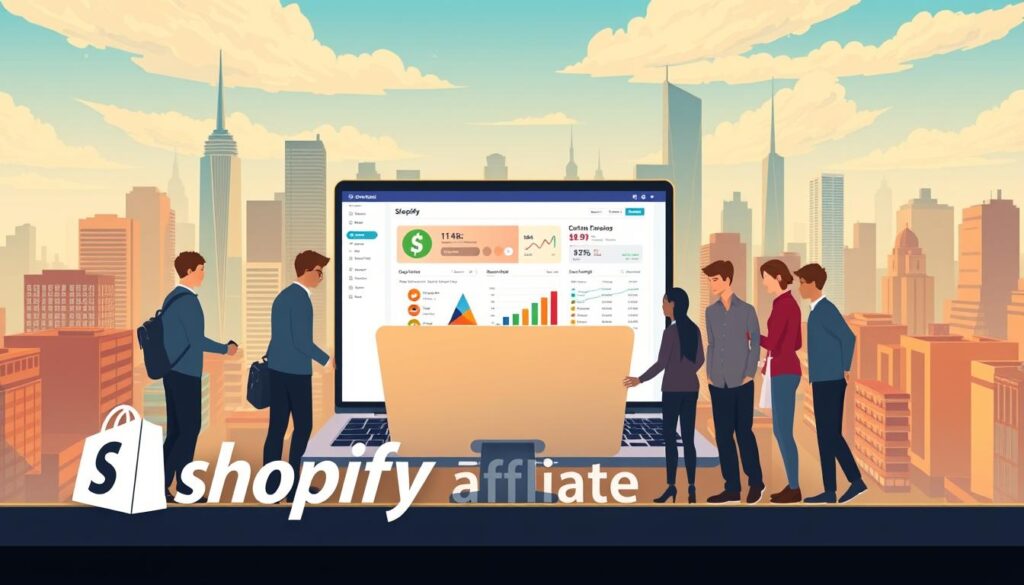 A modern and professional-looking illustration of the DigiTechPak Shopify Affiliate Program. In the foreground, a stylized Shopify logo and a group of diverse individuals collaborating on a laptop, symbolizing the partnership and earnings potential. The middle ground features a laptop displaying Shopify's affiliate dashboard, showcasing analytics and performance metrics. In the background, a vibrant cityscape with skyscrapers and bustling streets, conveying the global reach and scale of the Shopify platform. The scene is illuminated by a warm, natural lighting, creating a sense of professionalism and growth. The overall mood is one of opportunity, collaboration, and technological innovation.