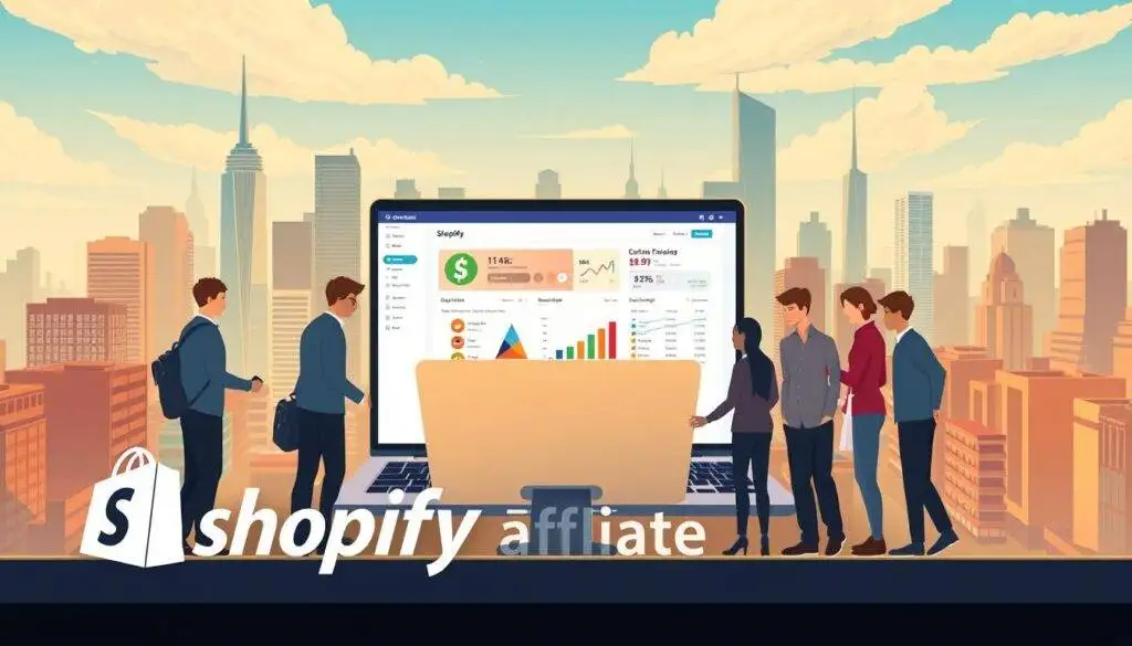 A modern and professional-looking illustration of the DigiTechPak Shopify Affiliate Program. In the foreground, a stylized Shopify logo and a group of diverse individuals collaborating on a laptop, symbolizing the partnership and earnings potential. The middle ground features a laptop displaying Shopify's affiliate dashboard, showcasing analytics and performance metrics. In the background, a vibrant cityscape with skyscrapers and bustling streets, conveying the global reach and scale of the Shopify platform. The scene is illuminated by a warm, natural lighting, creating a sense of professionalism and growth. The overall mood is one of opportunity, collaboration, and technological innovation. A modern and professional-looking illustration of the DigiTechPak Shopify Affiliate Program. In the foreground, a stylized Shopify logo and a group of diverse individuals collaborating on a laptop, symbolizing the partnership and earnings potential. The middle ground features a laptop displaying Shopify's affiliate dashboard, showcasing analytics and performance metrics. In the background, a vibrant cityscape with skyscrapers and bustling streets, conveying the global reach and scale of the Shopify platform. The scene is illuminated by a warm, natural lighting, creating a sense of professionalism and growth. The overall mood is one of opportunity, collaboration, and technological innovation.
