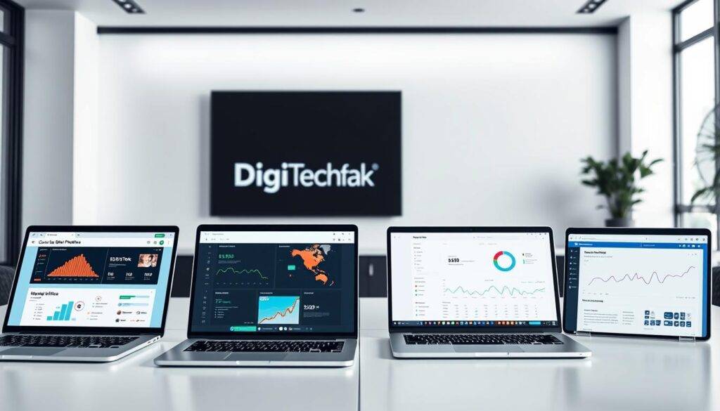 A modern, minimalist comparison of digital platform interfaces, featuring the DigiTechPak brand prominently alongside other well-known affiliate services. The scene is set in a clean, well-lit office environment, with sleek laptop screens showcasing the various platforms' dashboards and analytics. The lighting is soft and directional, highlighting the design elements and creating a sense of professionalism. The camera angle is slightly elevated, allowing the viewer to survey the comparative landscape of these online tools. The overall mood is one of thoughtful consideration, inviting the viewer to assess the unique features and capabilities of each platform.