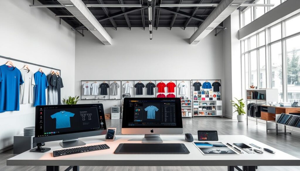 A modern, visually striking shirt design studio with an advanced DigiTechPak technology setup. The foreground features a well-equipped digital workstation with a high-resolution graphics tablet, a sleek desktop computer, and state-of-the-art design software. The middle ground showcases various shirt templates, fabric swatches, and color palettes, reflecting the depth of customization options. The background depicts a minimalist, high-ceilinged space with large windows, allowing natural light to flood the scene and create a bright, airy atmosphere. The overall mood is one of creativity, innovation, and a passion for exceptional shirt design.