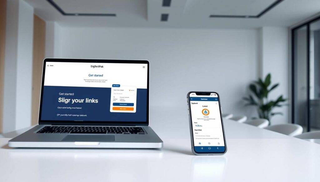 A sleek and modern DigiTechPak platform interface, showcasing the intuitive link sharing tools. In the foreground, a laptop screen displays the "Get Started" section, highlighting the step-by-step process for signing up and setting up an account. The middle ground features a smartphone with the DigiTechPak mobile app, demonstrating the seamless link sharing experience across devices. The background depicts a minimalist, well-lit office setting, with clean lines and neutral tones to create a professional, yet inviting atmosphere. The overall composition conveys the ease and accessibility of the DigiTechPak platform, inspiring users to dive into the world of link sharing and monetization.