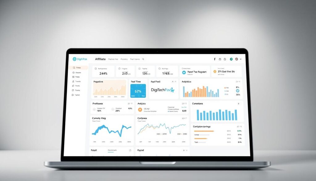 A sleek and modern-looking laptop screen displays a comprehensive dashboard for an affiliate program tracking system. In the foreground, various analytics, charts, and real-time metrics are presented with a clean, intuitive interface, showcasing key performance indicators such as click-through rates, conversions, and commission earnings. The middle ground features a DigiTechPak logo, subtly positioned to emphasize the brand's role in this affiliate program management solution. The background depicts a minimalist, monochromatic setting with soft, directional lighting, creating a professional and sophisticated atmosphere to complement the digital analytics display.