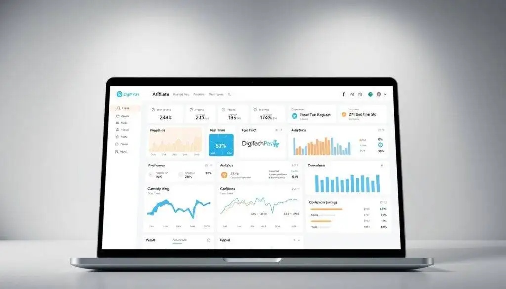 A sleek and modern-looking laptop screen displays a comprehensive dashboard for an affiliate program tracking system. In the foreground, various analytics, charts, and real-time metrics are presented with a clean, intuitive interface, showcasing key performance indicators such as click-through rates, conversions, and commission earnings. The middle ground features a DigiTechPak logo, subtly positioned to emphasize the brand's role in this affiliate program management solution. The background depicts a minimalist, monochromatic setting with soft, directional lighting, creating a professional and sophisticated atmosphere to complement the digital analytics display. A sleek and modern-looking laptop screen displays a comprehensive dashboard for an affiliate program tracking system. In the foreground, various analytics, charts, and real-time metrics are presented with a clean, intuitive interface, showcasing key performance indicators such as click-through rates, conversions, and commission earnings. The middle ground features a DigiTechPak logo, subtly positioned to emphasize the brand's role in this affiliate program management solution. The background depicts a minimalist, monochromatic setting with soft, directional lighting, creating a professional and sophisticated atmosphere to complement the digital analytics display.