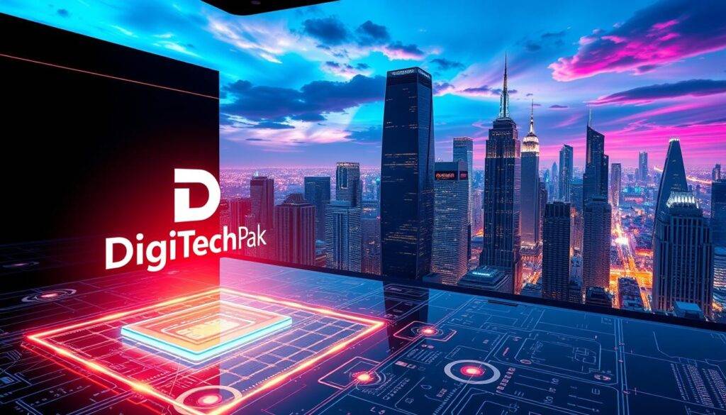 A sleek, futuristic digital platform with a gleaming, holographic interface. In the foreground, the DigiTechPak logo hovers elegantly, casting a warm glow. The middle ground features a sprawling network of interconnected data streams, pulsing with energy. In the background, a panoramic skyline of towering, chrome-plated skyscrapers under a vibrant, neon-tinted sky. Lighting is crisp and directional, casting dramatic shadows and highlights. The overall atmosphere conveys a sense of technological advancement, innovation, and boundless potential.