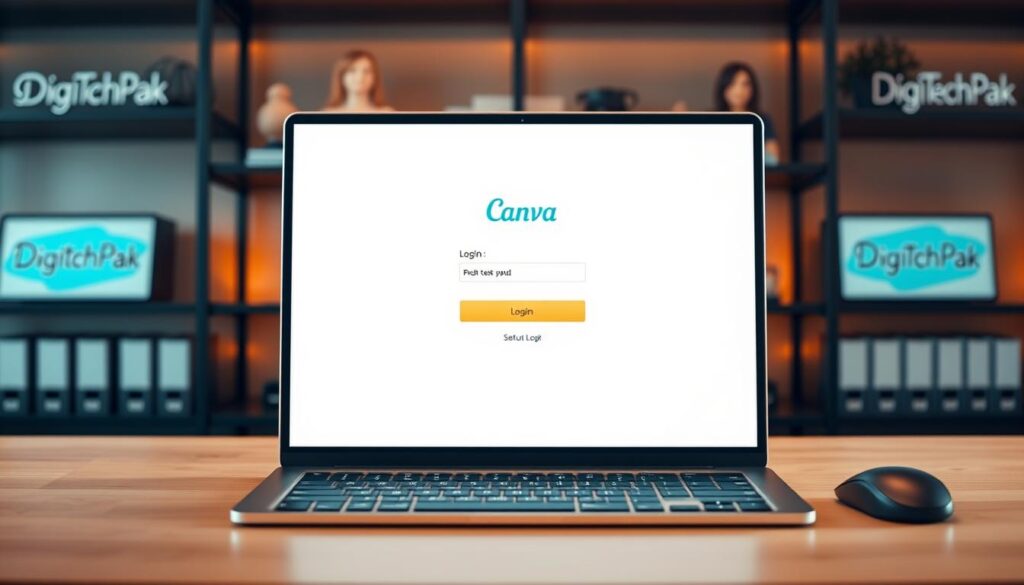 A sleek, minimal workspace setup with a laptop, mouse, and keyboard in the foreground, against a blurred background of shelves displaying the DigiTechPak brand. Warm, soft lighting casts a gentle glow, creating a welcoming, professional atmosphere. The laptop screen displays the Canva login page, ready for the user to begin their design journey. The composition is balanced, with clean lines and a sense of organization, reflecting the seamless Canva account setup process.