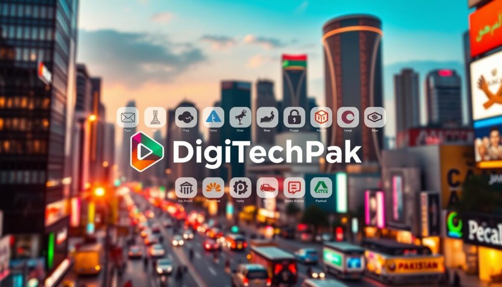 A vibrant digital landscape showcasing the top affiliate programs in Pakistan, captured through the lens of a modern, high-resolution camera. In the foreground, the DigiTechPak brand logo stands out prominently, its sleek design and bold colors commanding attention. The middle ground features an array of affiliate program icons, each representing a leading opportunity for Pakistani entrepreneurs and marketers. The background depicts a bustling cityscape, with towering skyscrapers and vibrant street scenes, reflecting the dynamic business environment of Pakistan. The lighting is warm and inviting, creating a sense of opportunity and growth. This image aims to provide a comprehensive visual representation of the thriving affiliate marketing ecosystem in Pakistan.