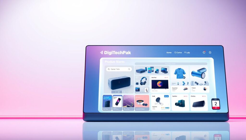 A vibrant, futuristic digital store interface for DigiTechPak, showcasing a sleek, minimalist design with clean lines and a crisp, high-contrast color palette. The foreground features an intuitive navigation menu with large, easy-to-read icons and labels, inviting the user to explore the store's comprehensive product and service offerings. The middle ground displays a dynamic product showcase, with high-resolution images and detailed information about the latest tech gadgets and solutions. In the background, a subtle gradient effect creates a sense of depth and sophistication, complemented by subtle lighting that emanates a warm, inviting glow. The overall atmosphere conveys a sense of technological innovation, seamless user experience, and a brand identity that exudes professionalism and trust.