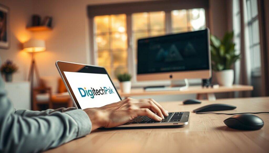 An intimate, well-lit home office scene showcasing the user experience with DigiTechPak. In the foreground, a person's hands type intently on a sleek laptop, the DigiTechPak logo prominently displayed on the device. The middle ground features an ergonomic desk setup with a modern monitor, wireless mouse, and minimalist decor. The background subtly blurs, emphasizing the user's focused engagement with the DigiTechPak platform. Warm, natural lighting filters through a large window, creating a cozy, productive atmosphere. The overall composition conveys a sense of seamless integration between the user and the DigiTechPak technology.