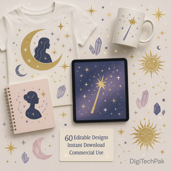 Magic & Celestial SVG Bundle – 60 Editable Designs | DigiTechPak