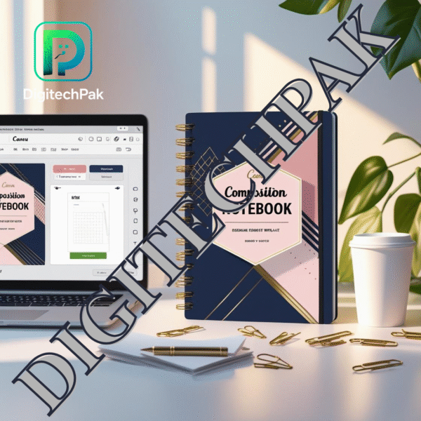 Editable Canva composition notebook cover template – DigiTechPak digital download for KDP, Etsy, and print.