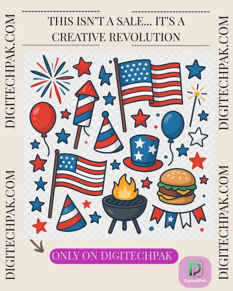 4th of July patriotic PNG clipart bundle with fireworks, flags, BBQ, and red-white-blue graphics